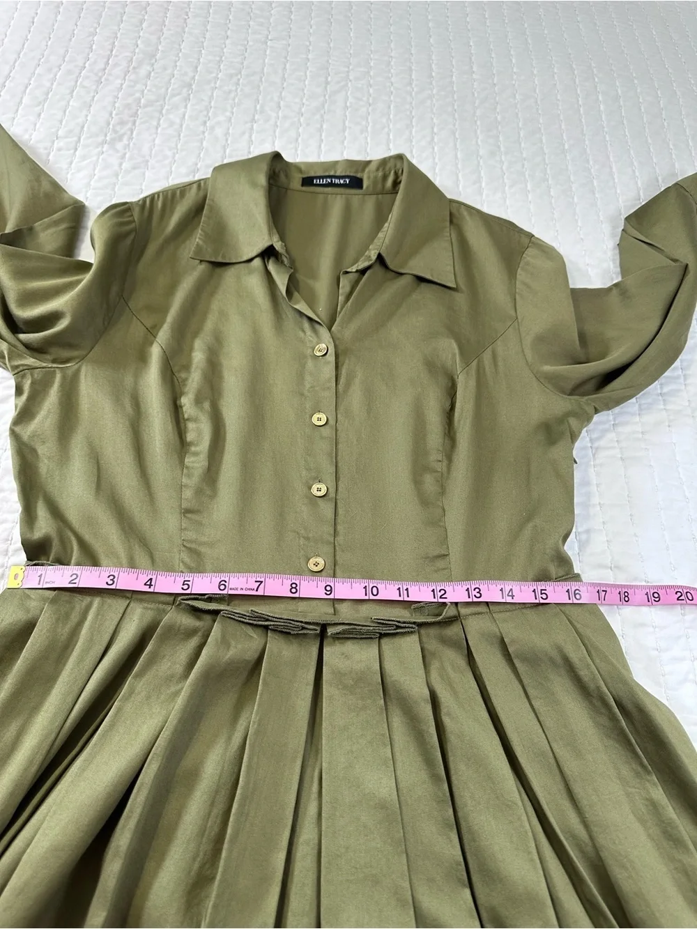Ellen Tracy 100% Cotton Green Olive  Dress with Pleated Midi Skirt Gold Button